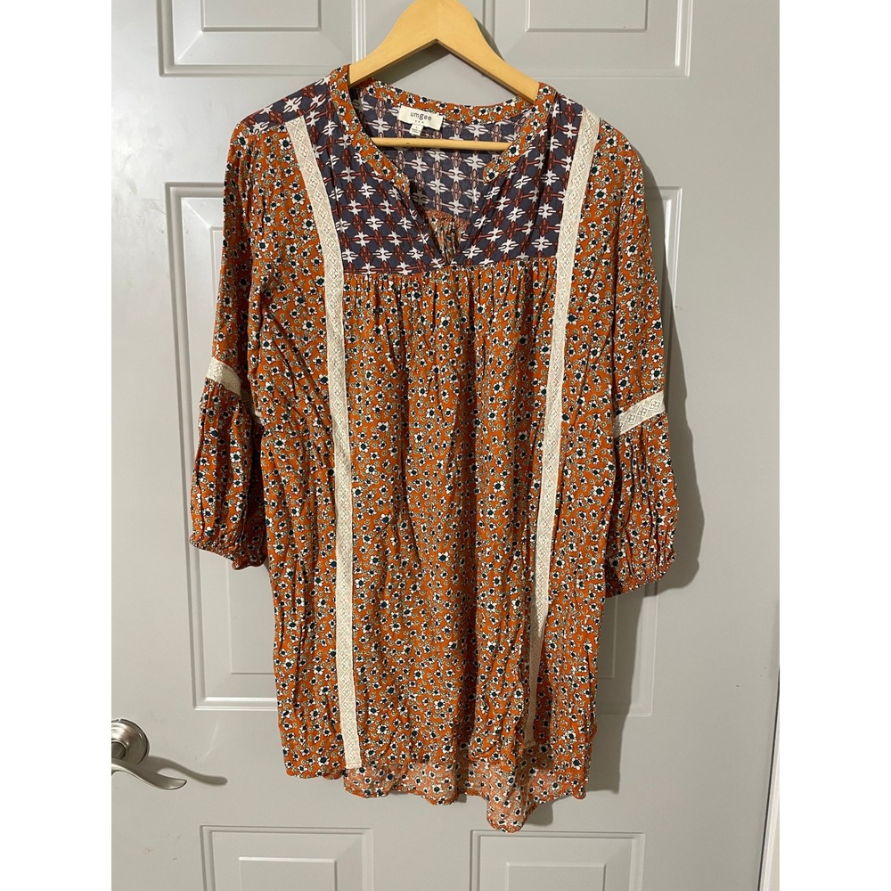 Umgee Tunic Top Womens‎ Large Orange Floral Excellent Boho Crochet Lace K2021